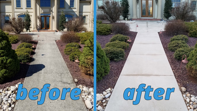 before and after split view of a pressure washed front walkway