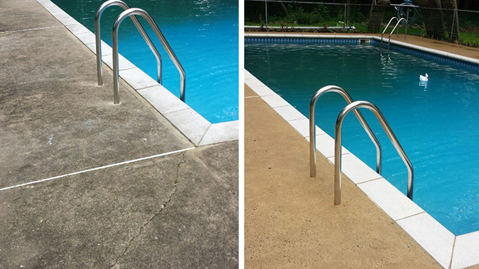 Before and After of a pool deck cleaned by Pressure Brothers