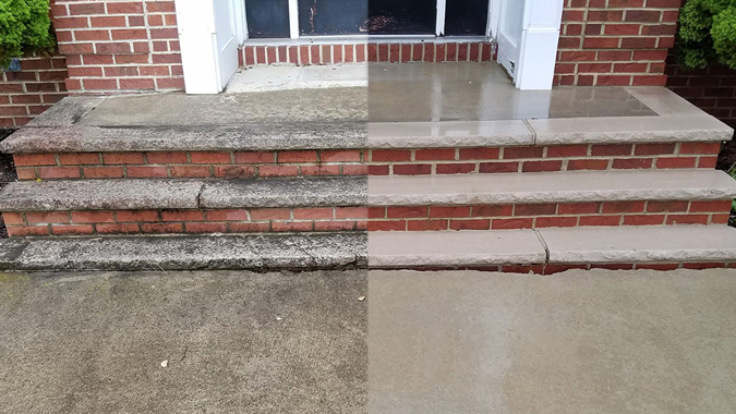 Before and After of a walkway cleaned by Pressure Brothers